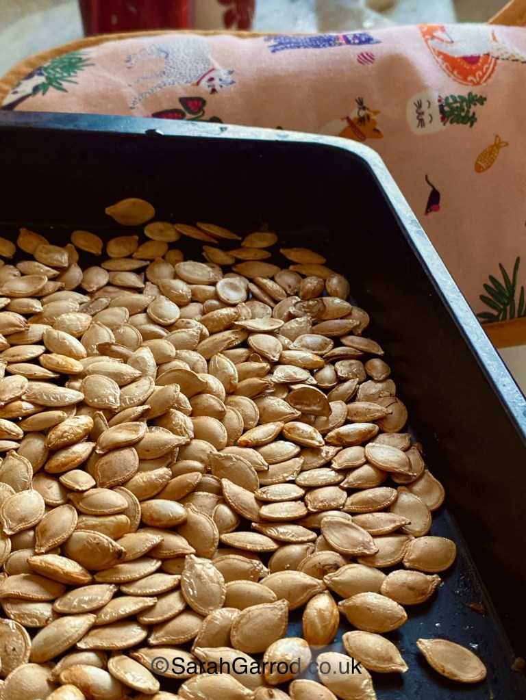 A close-up of a black baking tray filled with roasted pumpkin seeds, with a patterned fabric in the background.