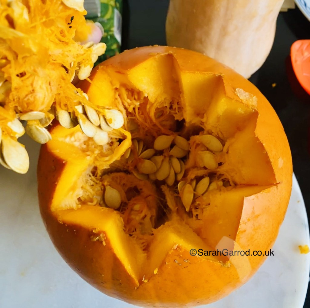 A halved pumpkin showing its inner flesh and seeds, with a serrated edge on the top.